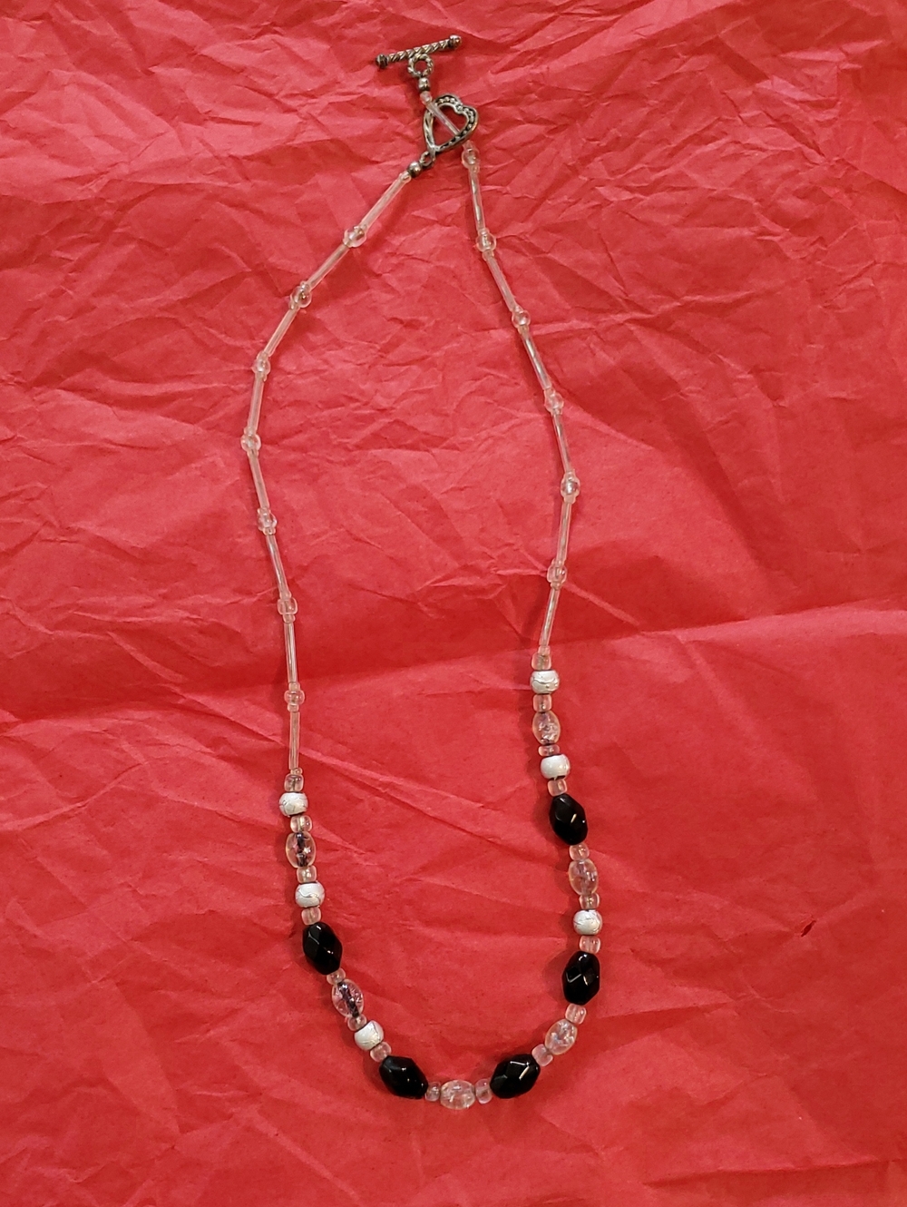 Hand Crafted Clear and Black Beaded Necklace with Heart Toggle